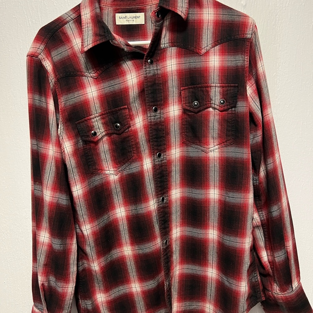Saint Laurent Men's Red and Black Checkered Shirt